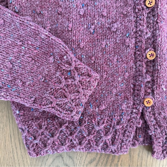 Vintage Hand Knit Wool Puff Sleeve Cardigan Sweater in Purple Blue Melange Small - Picture 7 of 9